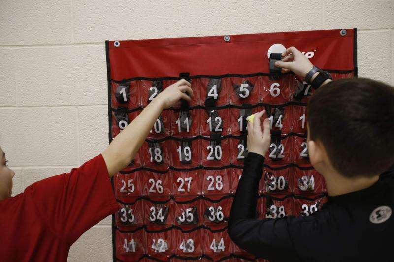 St. Matthews PE students putting away their heart rate monitors after class