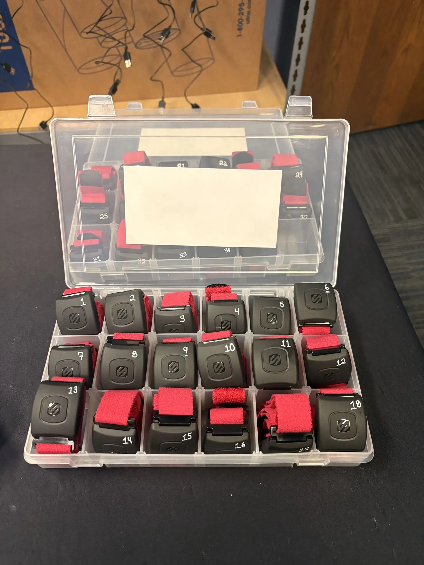 Heart rate monitors numbered, strapped, and organized