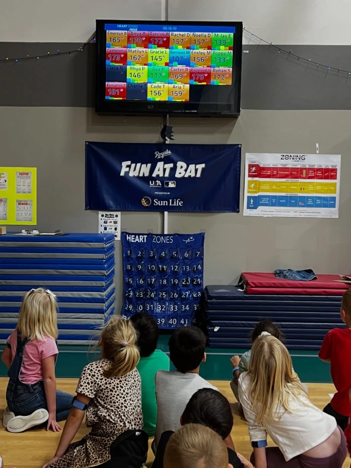 Young Rising Hill Elementary students evaluating their heart rates on the Heart Zones' 'Big Board'